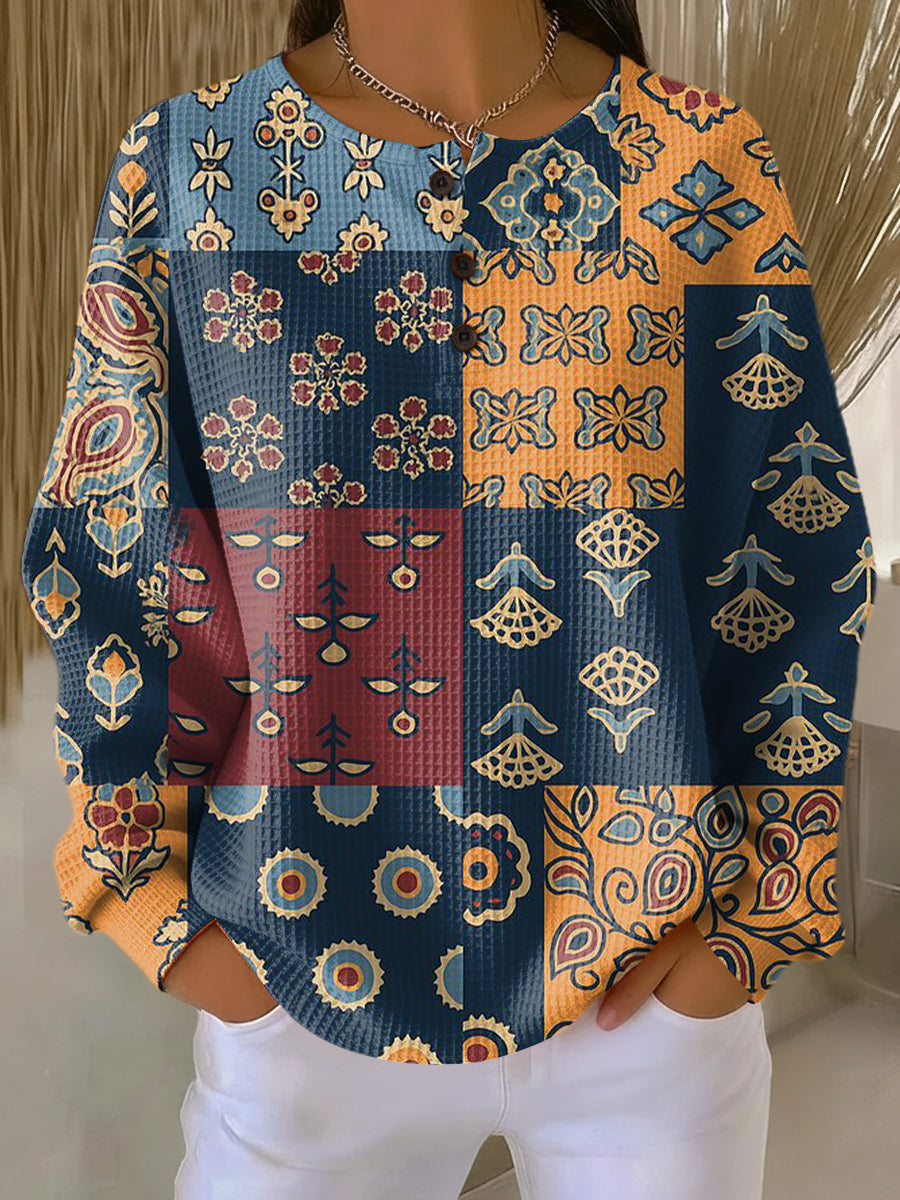 Berna | Sweater with Ethnic Check Floral Print