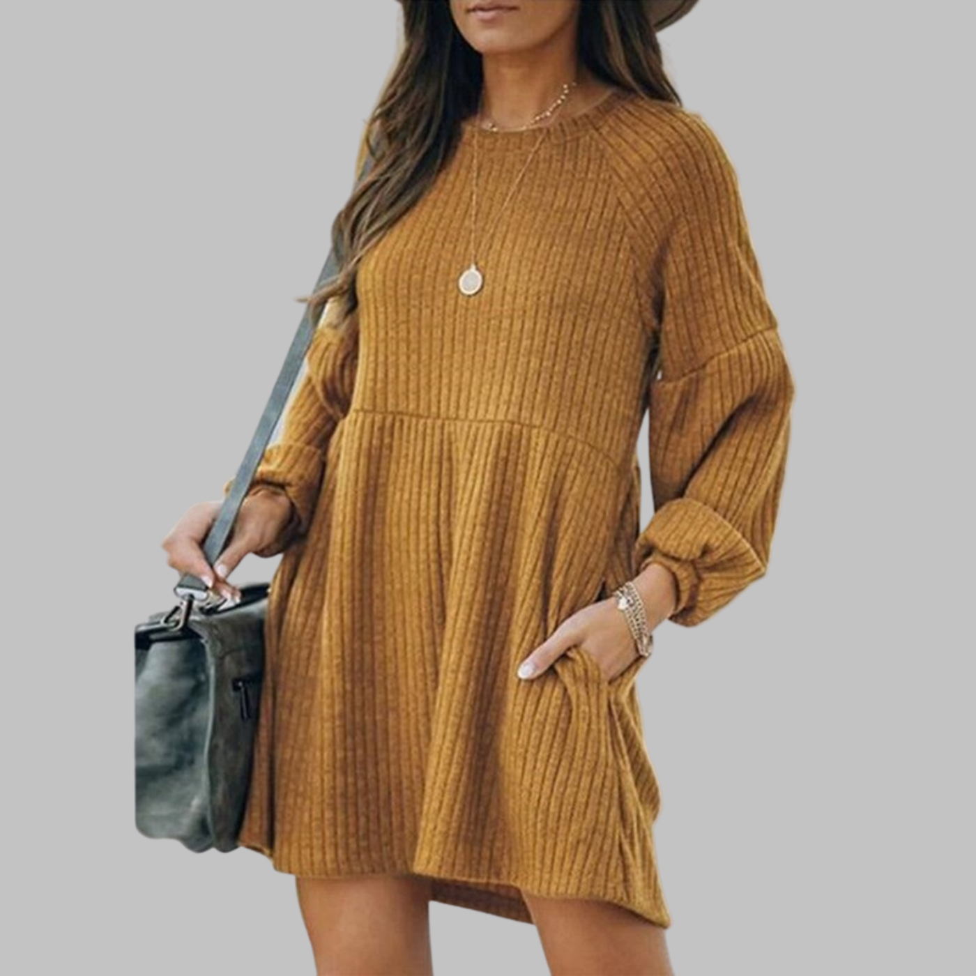 MONGO™ - Cozy Ribbed Bishop Sleeve Round Neck Mini Dress