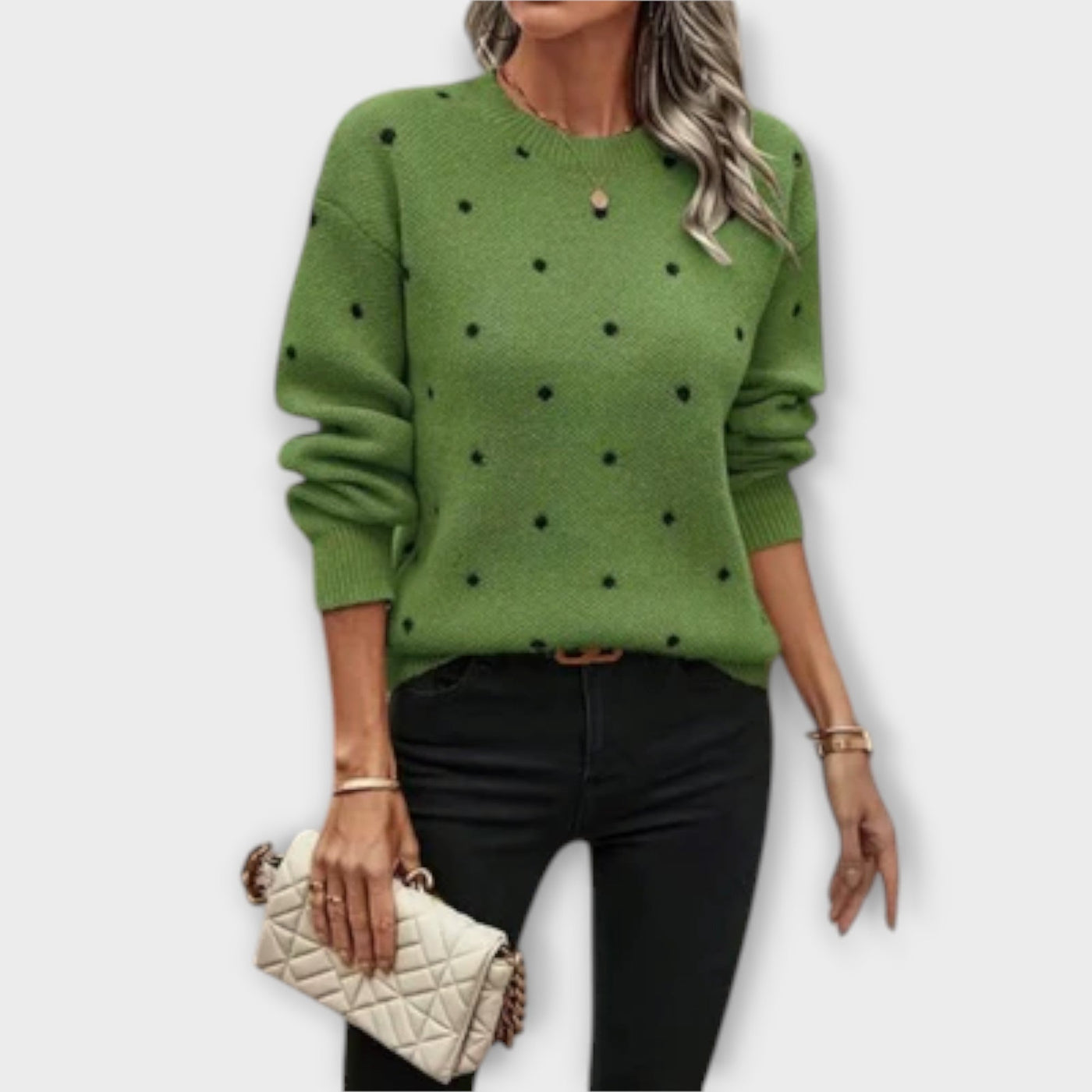 Casual Knitted Sweater with Long Sleeves and Polka Dot Pattern