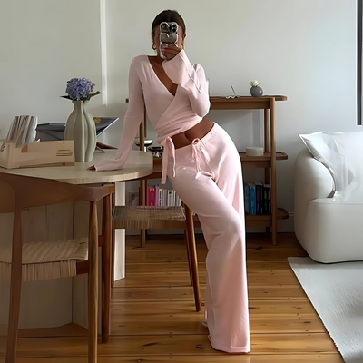 LETISA™ - Chic V-Neck Long Sleeve Top and Pants Set