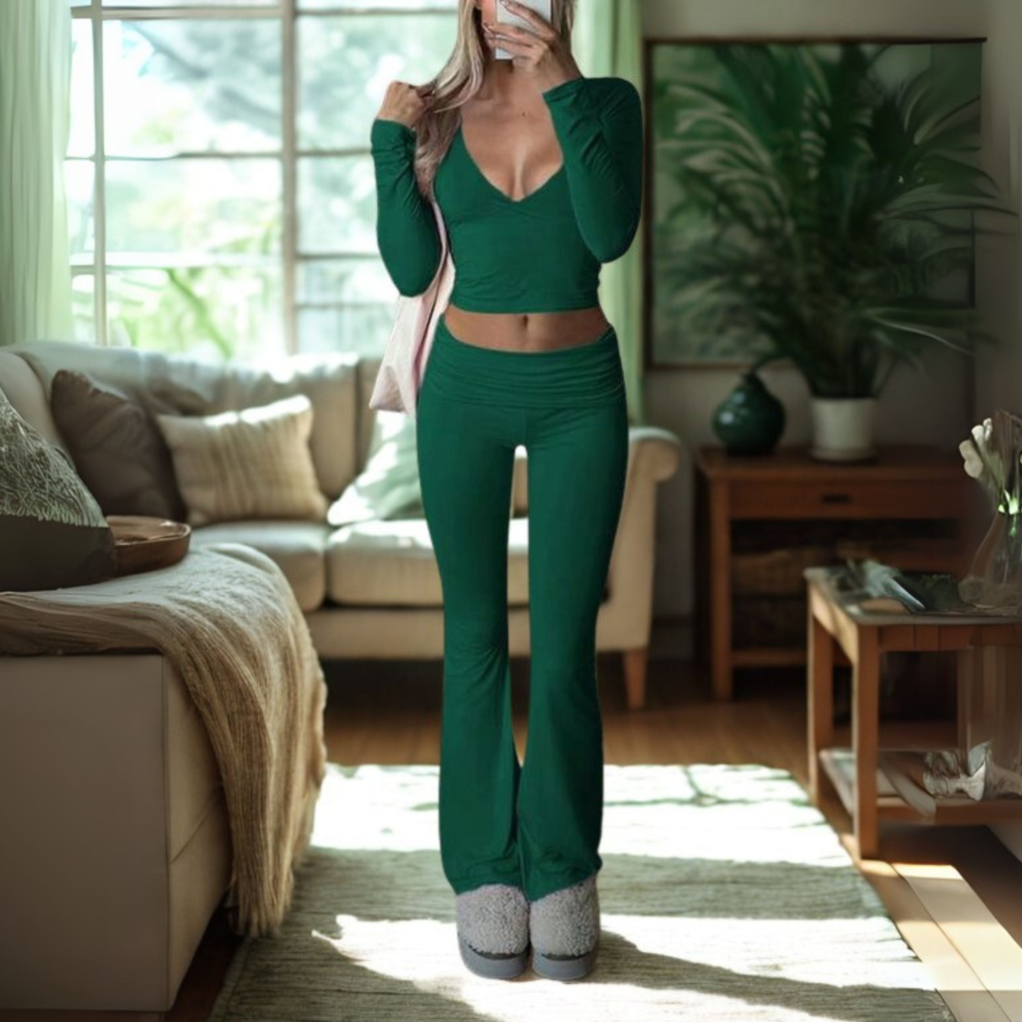 SINA™ - Casual V-Neck Long Sleeve Crop Top and Pants Set