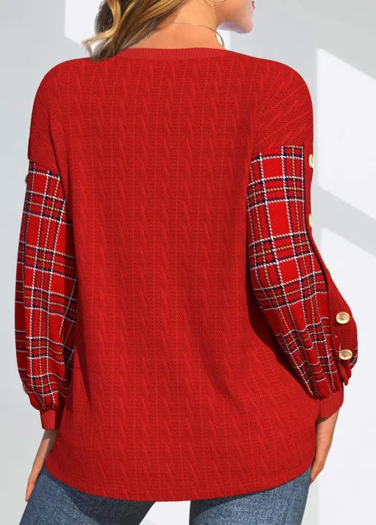 Nora | Red Knit with Checked Sleeves
