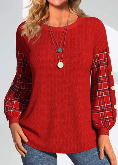 Nora | Red Knit with Checked Sleeves