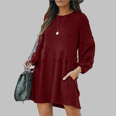 MONGO™ - Cozy Ribbed Bishop Sleeve Round Neck Mini Dress