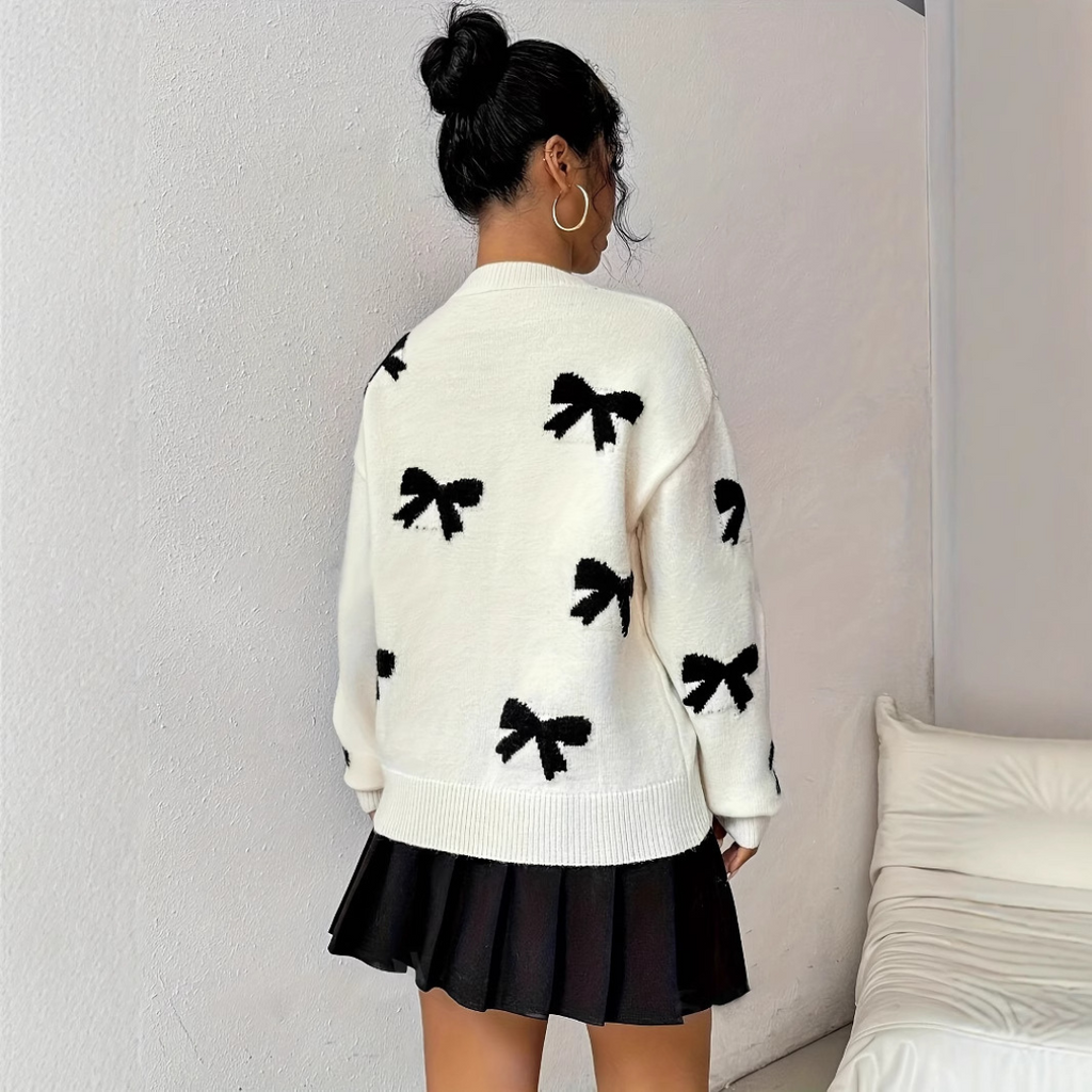HATA™ - Comfy Bow Print Pullover Sweater
