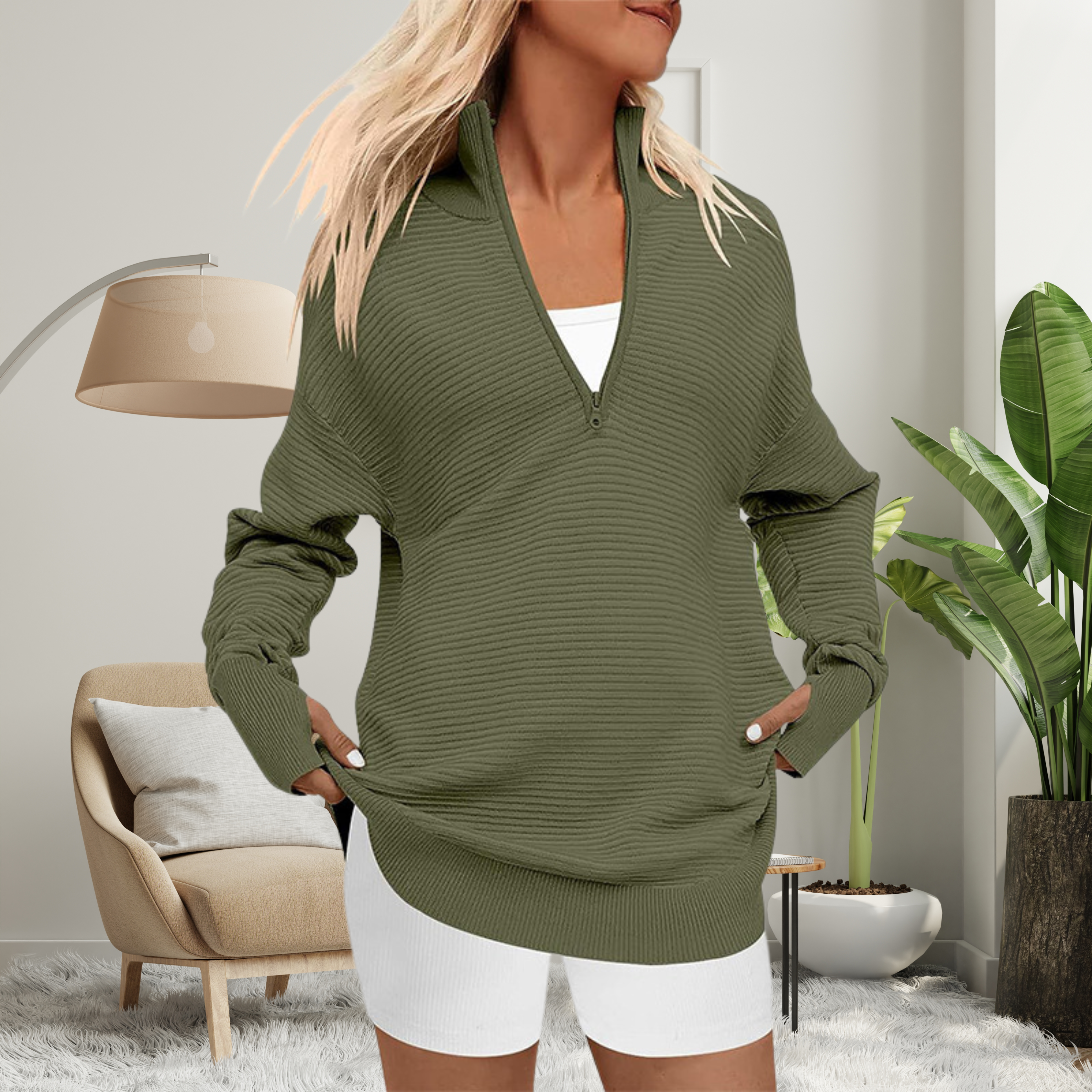 QUINN™ - Cozy Long Sleeve Quarter Zip Collared Pullover Sweater