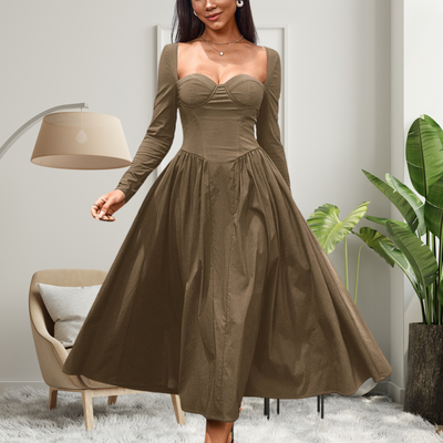 AKILA™ - Elegant Heart Neckline Long Sleeve A-Line Maxi Dress