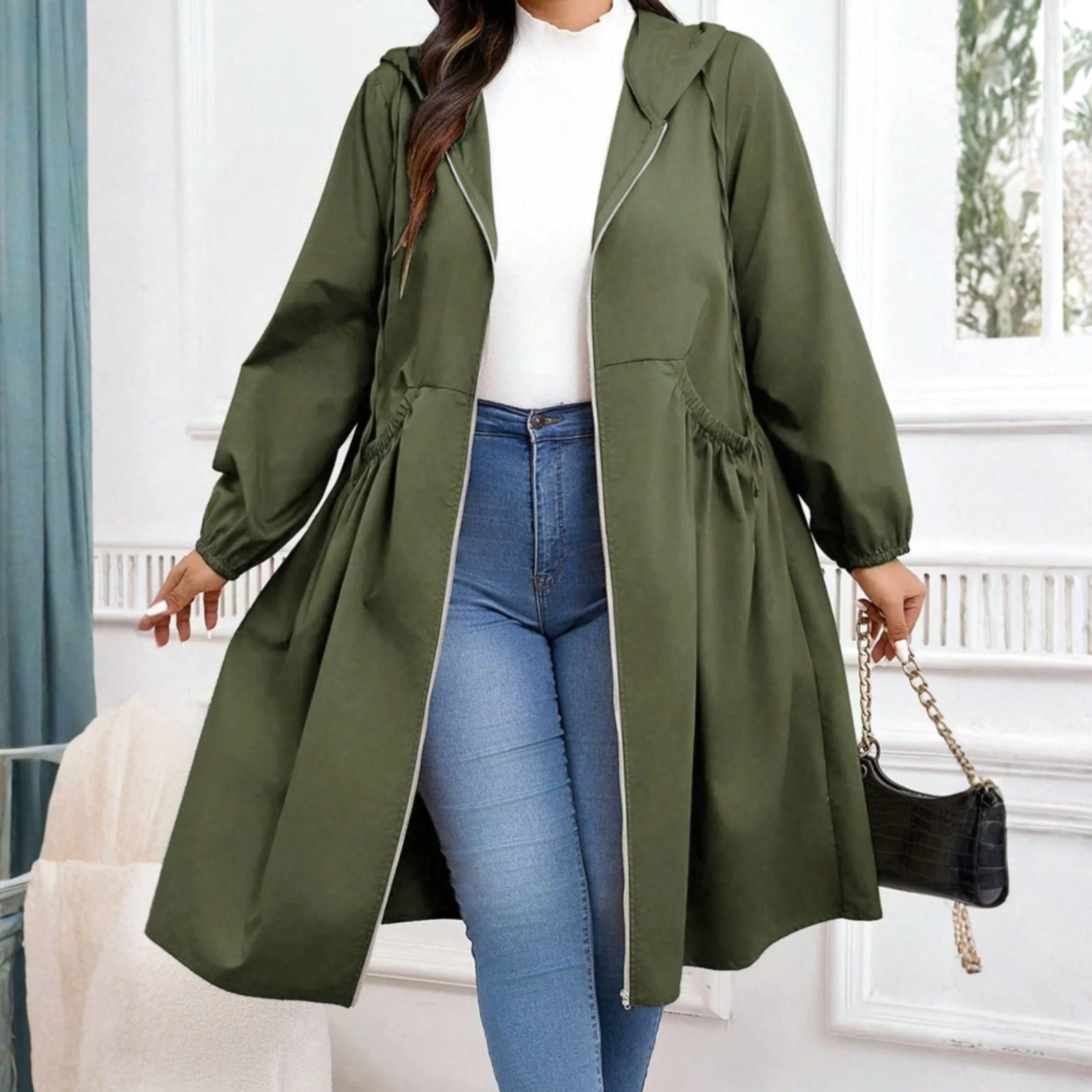AVRIL™ - Casual Plus Size Drawstring Zip-Up Long Sleeve Hooded Coat