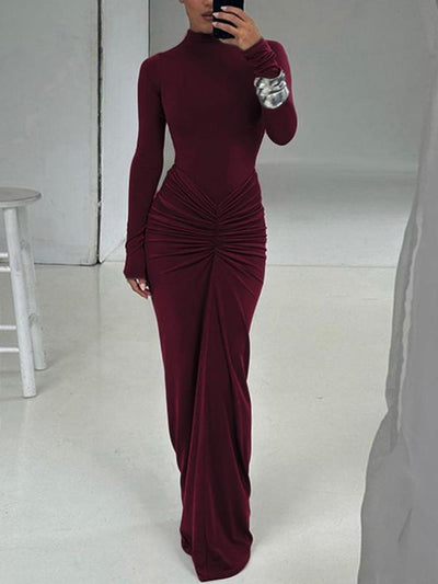 BETTY™ - Classy Ruched Long Sleeve Mock Bodycon Maxi Dress
