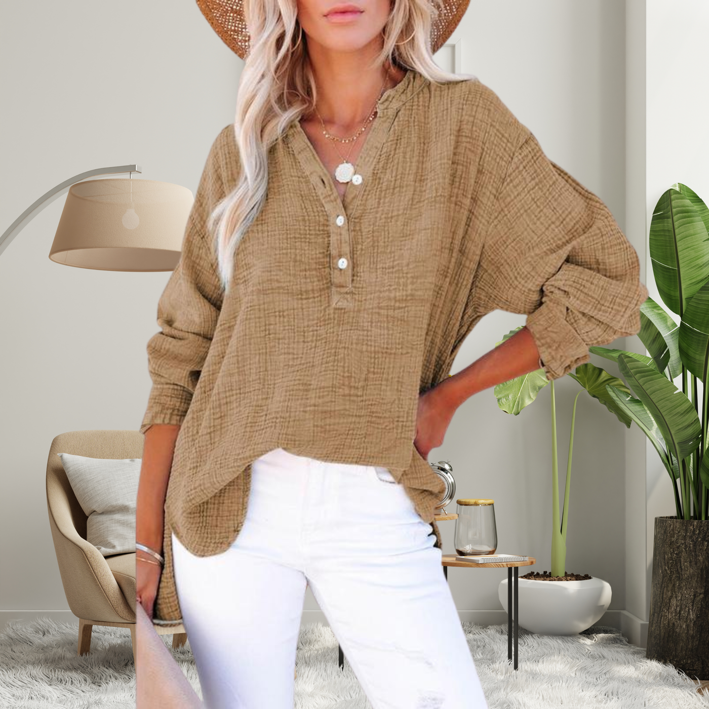 BRYLIN™ - Casual Button V-Neck Long Sleeve Oversized Blouse