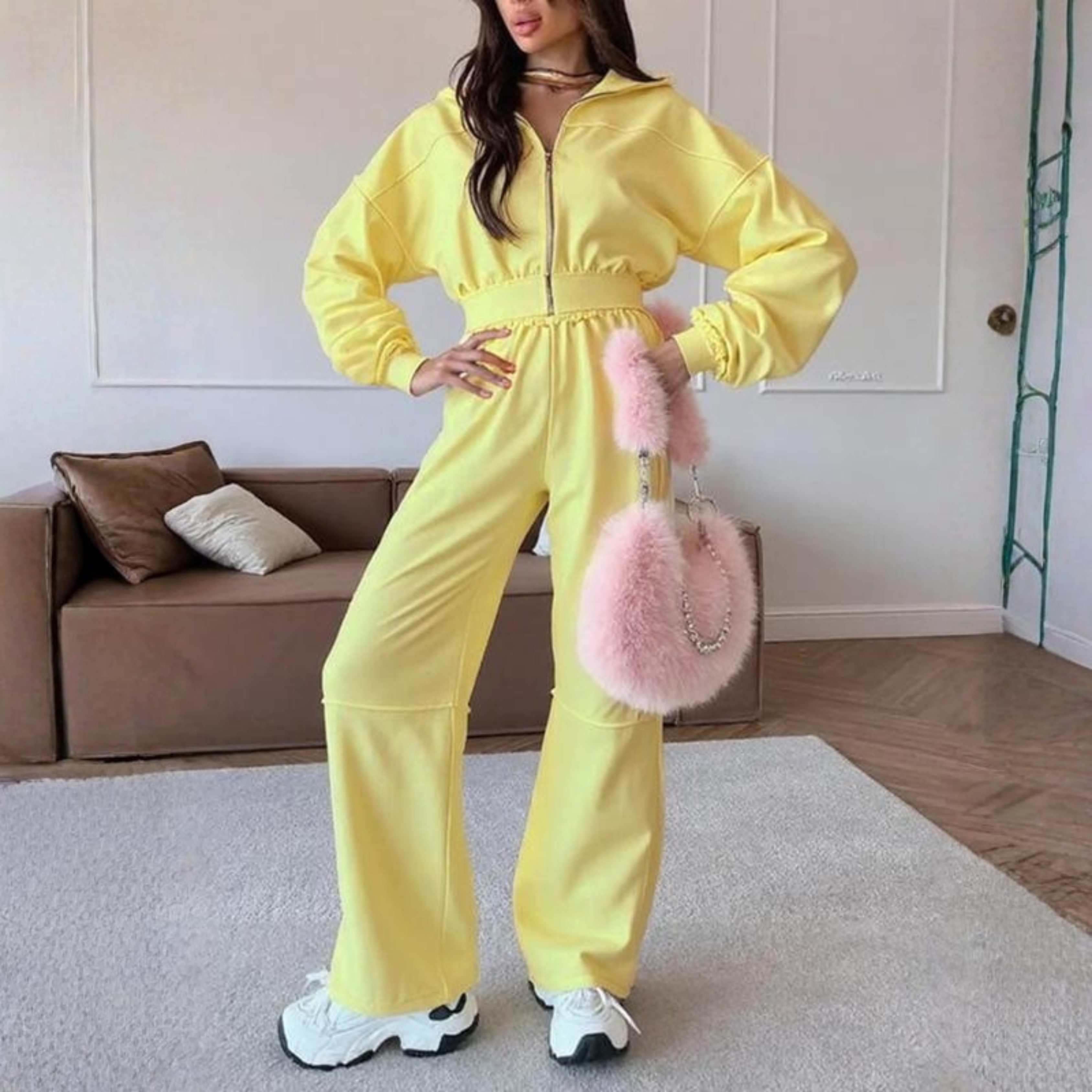 DARA™ - Comfy Zip Up Hooded Sweatshirt and Elastic Waist Pants Set