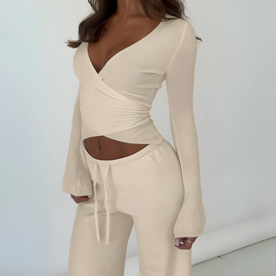 LETISA™ - Chic V-Neck Long Sleeve Top and Pants Set