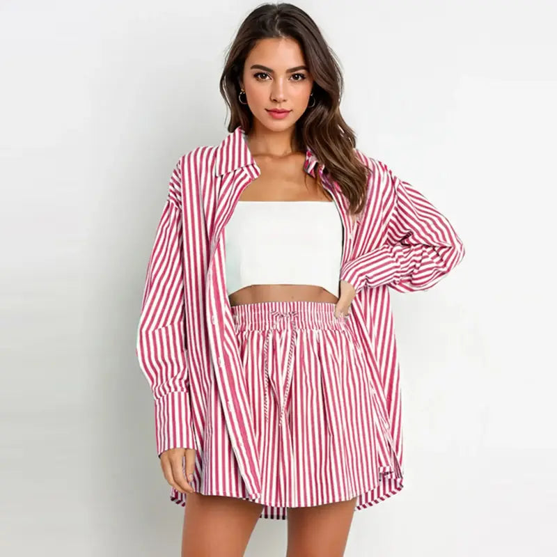 TIFY™ –  Chic Striped Collared Shirt and Wide-Leg Shorts Set