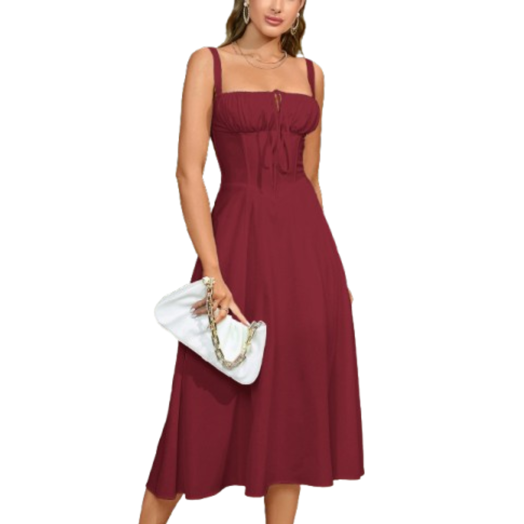 ARIELLOU™ – Elegant Lace-Up Square Neck Midi Dress