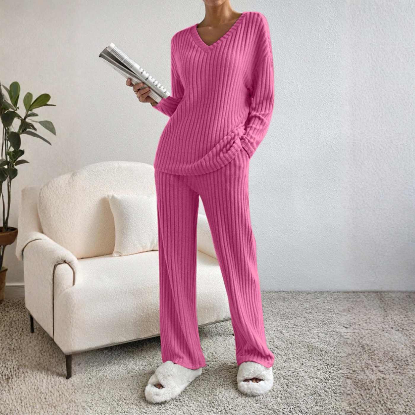 ENLINS™ - Casual Long Sleeve V-Neck Top and Pants Set