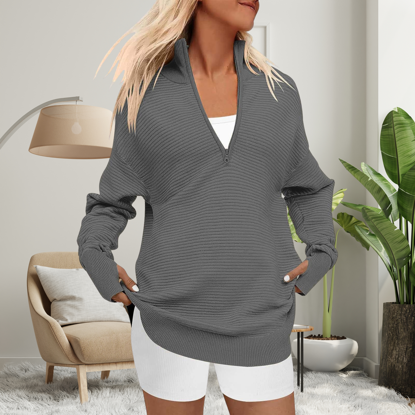 QUINN™ - Cozy Long Sleeve Quarter Zip Collared Pullover Sweater