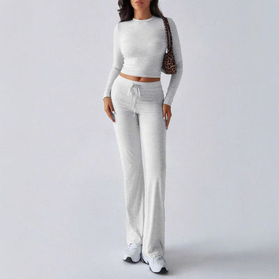 KUTIS™ - Casual Round Neck Crop Top and Drawstring High Waist Pants Set