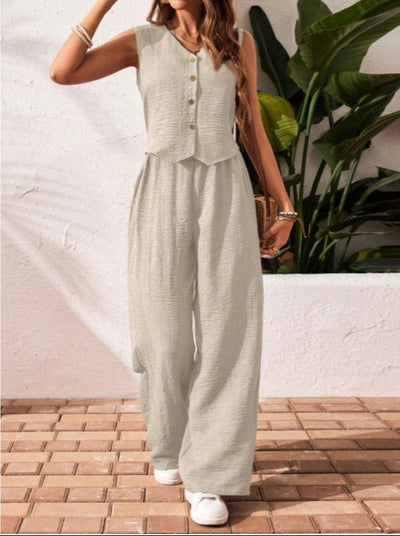 CHARISSA™ – Elegant Sleeveless V-Neck Top and Trousers Set