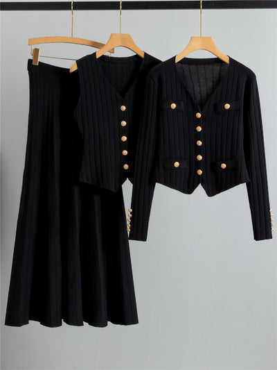 XANDY™ - Elegant V-Neck Buttoned Vest and High Waist Skirt