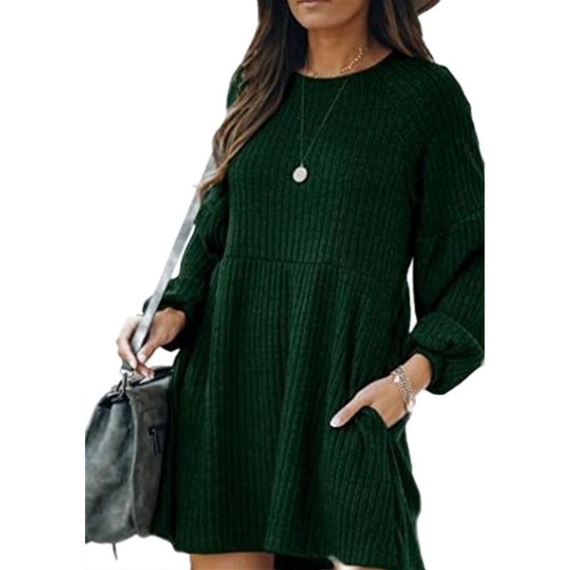 SAKA™ - Cozy Ribbed Bishop Sleeve Round Neck Mini Dress
