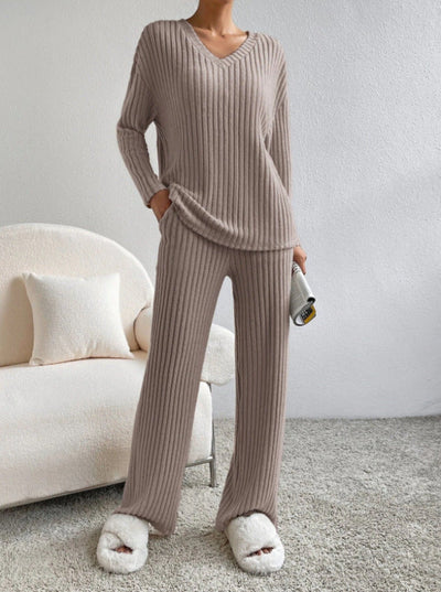 ELMER™ - Casual Long Sleeve V-Neck Top and Pants Set