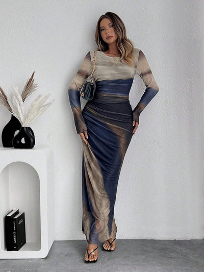JULIA™ - Comfy Printed Long Sleeve Round Neck Bodycon Maxi Dress