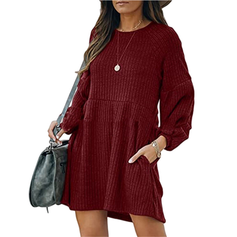SAKA™ - Cozy Ribbed Bishop Sleeve Round Neck Mini Dress