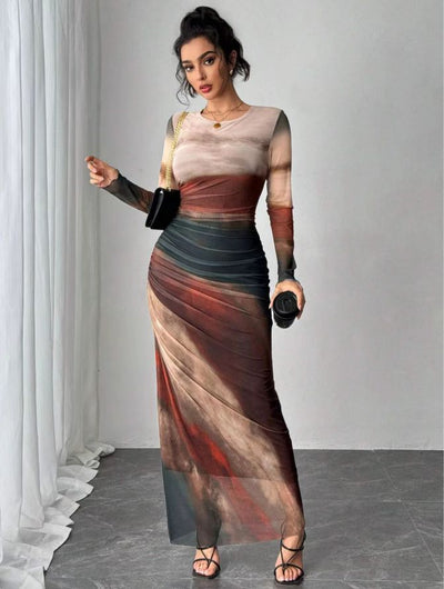 JULIA™ - Comfy Printed Long Sleeve Round Neck Bodycon Maxi Dress