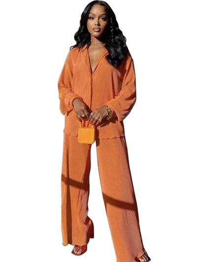 CLEO™ – Chic Collared Long Sleeve and Wide-Leg Pant Set