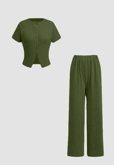 MIRANDA™ - Casual Button Front Top and Wide Leg Pants Set